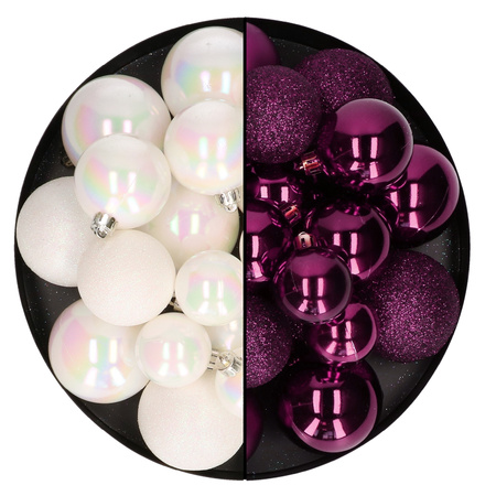 Christmas baubles - 60x - pearlescent white/purple- 4/5/6 cm - plastic