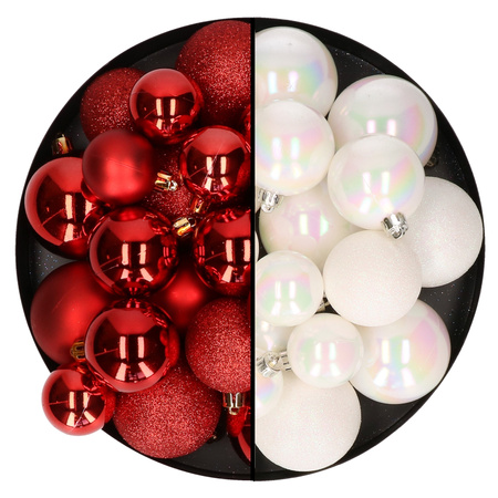 Kerstballen 60x stuks - mix parelmoer wit/rood - 4-5-6 cm - kunststof