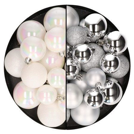 Kerstballen 60x stuks - mix parelmoer wit/zilver - 4-5-6 cm - kunststof