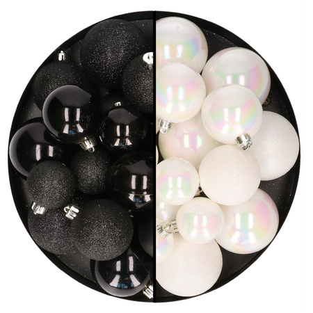 Kerstballen 60x stuks - mix parelmoer wit/zwart - 4-5-6 cm - kunststof