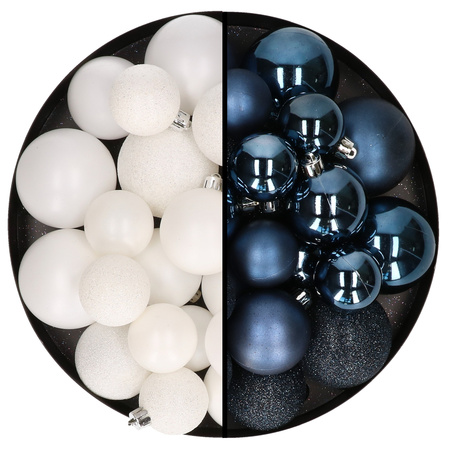 Kerstballen 60x stuks - mix wit/donkerblauw - 4-5-6 cm - kunststof