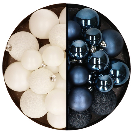 Kerstballen 60x stuks - mix wol wit/donkerblauw - 4-5-6 cm - kunststof