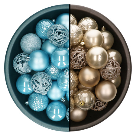 Kerstballen - 74x st - champagne en ijsblauw - 6 cm - kunststof