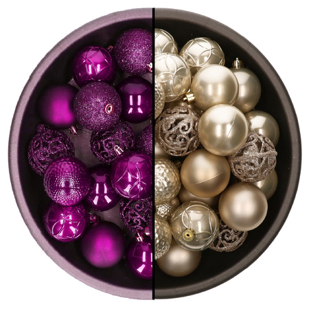 Kerstballen - 74x st - champagne en paars - 6 cm - kunststof