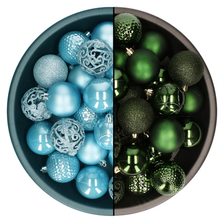 Kerstballen - 74x st - donkergroen en ijsblauw - 6 cm - kunststof