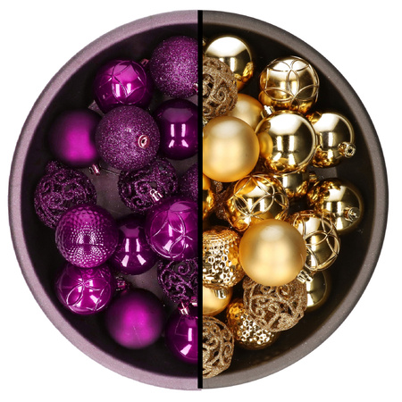 Kerstballen - 74x st - goud en paars - 6 cm - kunststof
