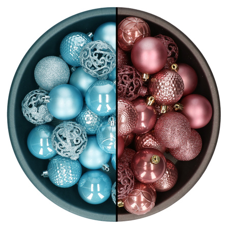Kerstballen - 74x st - oudroze en ijsblauw - 6 cm - kunststof