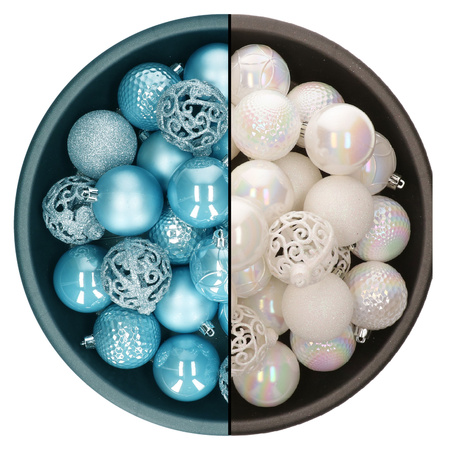 Kerstballen - 74x st - parelmoer wit en ijsblauw - 6 cm - kunststof