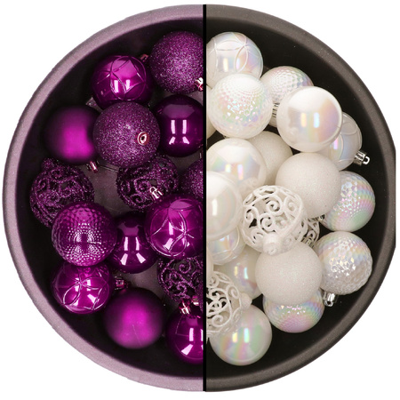Kerstballen - 74x st - parelmoer wit en paars - 6 cm - kunststof