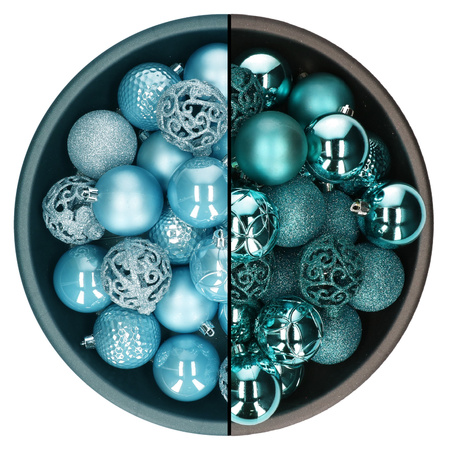Kerstballen - 74x st - turquoise blauw en ijsblauw - 6 cm - kunststof