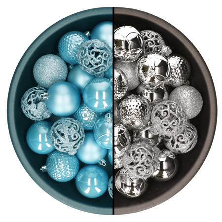 Kerstballen - 74x st - zilver en ijsblauw - 6 cm - kunststof