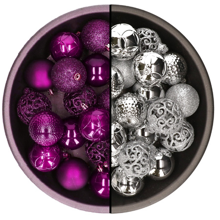 Kerstballen - 74x st - zilver en paars - 6 cm - kunststof