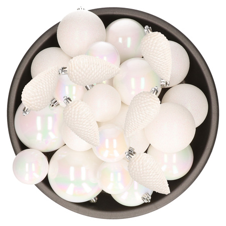 Christmas baubles and pinecones ornaments - 26x pcs - pearl white - plastic - 6, 8 and 10 cm