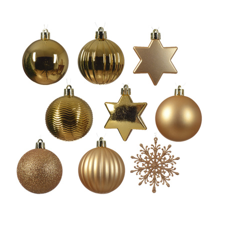 Christmas tree decoration set - gold - baubles, ornaments and garland - plastic