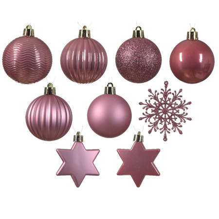 Kerstversiering set - oudroze - kerstballen, ornamenten en folie slinger - kunststof