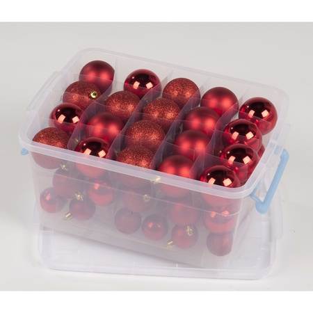 Kerstballen/kerstversiering rood in box 70 stuks met kerstbalhaakjes