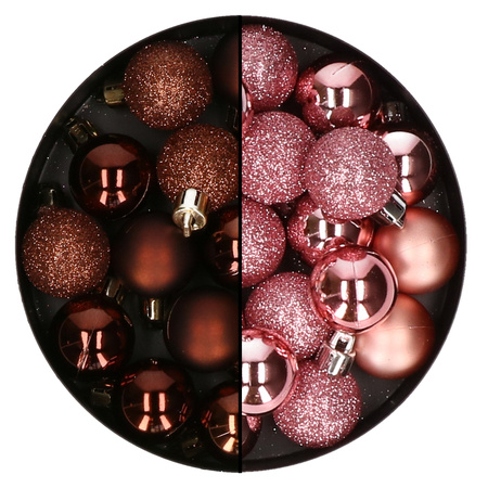 Kerstballen mini - 40x st - roze en donkerbruin - 3 cm - kunststo