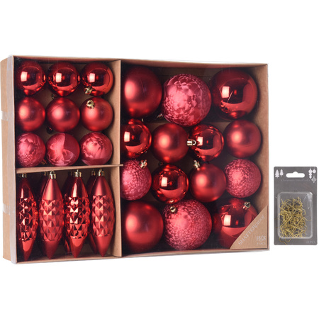 Kerstballen/ornamenten pakket 31x rood kunststof mix incl. 50x ophanghaakjes
