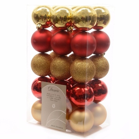 Kerstballen 30x stuks 6 cm rood-goud met ster piek rood kunststof