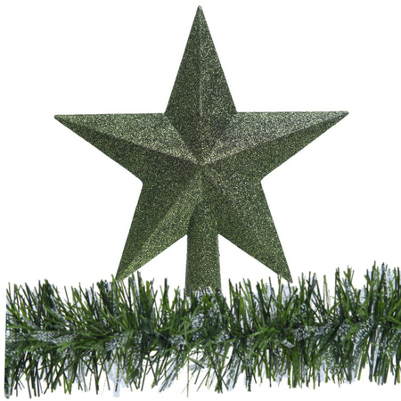 Kerstboom piek - ster - donkergroen - 19 cm - met kerstslinger - kunststof