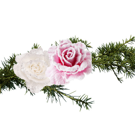 Kerstboomversiering bloemen op clip - 2x st - roze en wit - 10 cm