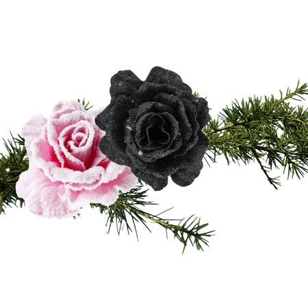 Kerstboomversiering bloemen op clip - 2x st - roze en zwart - 10 cm