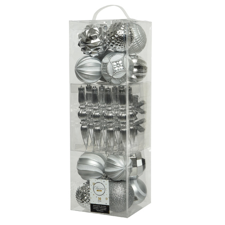 Decoris 30x stuks kunststof kerstballen en ornamenten met slinger zilver