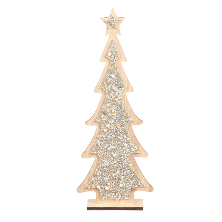 Kerstdecoratie houten kerstboom glitter zilver 35,5 cm decoratie kerstbomen