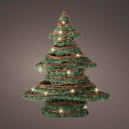 Kerstdecoratie rotan decoratie kerstboom groen met verlichting H40 cm 