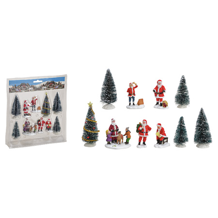 Kerstdorp accessoires - 10x st - kerstman/kerstboompjes - kunststof - kerstdorp onderdelen