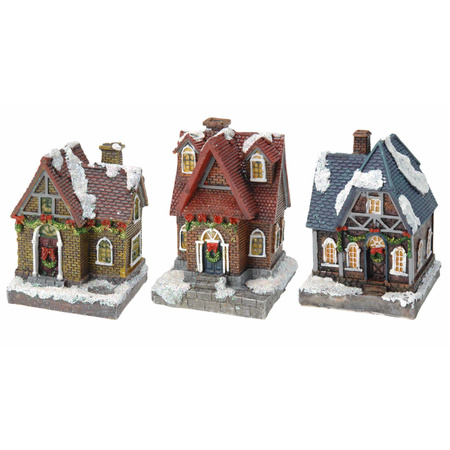 Kerstdorp huisjes set van 3x huisjes met Led verlichting 13 cm