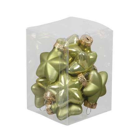 12x Glass stars christmas tree decoration sage green (oasis) 4 cm