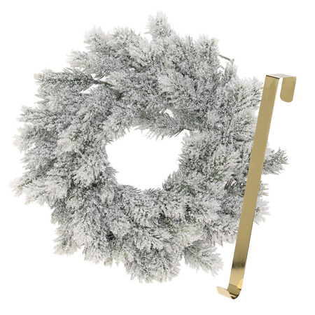 Kerstkrans 35 cm - groen - besneeuwd - met gouden hanger/ophanghaak - kerstversiering