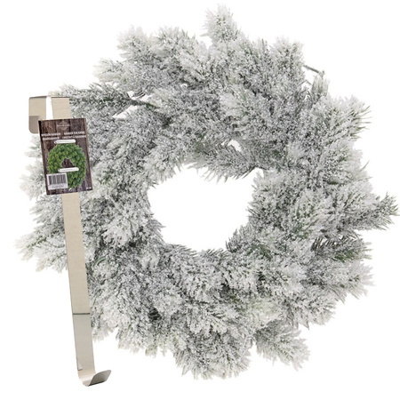 Kerstkrans 35 cm - groen - besneeuwd - met messing zilveren hanger/ophanghaak - kerstversiering