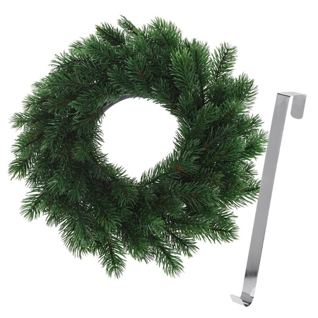 Kerstkrans 35 cm - groen - met zilveren hanger/ophanghaak - kerstversiering