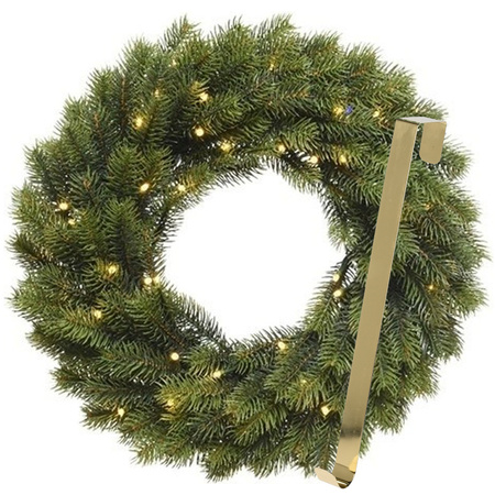 Kerstkrans 40 cm - groen met led - met gouden hanger/ophanghaak - kerstversiering
