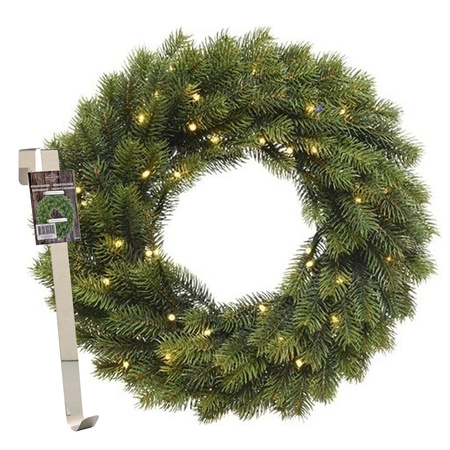 Kerstkrans 40 cm - groen met led - met messing zilveren hanger/ophanghaak - kerstversiering