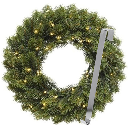 Kerstkrans 40 cm - groen met led - met zilveren hanger/ophanghaak - kerstversiering