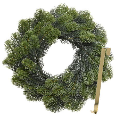 Kerstkrans 50 cm - groen - met gouden hanger/ophanghaak - kerstversiering