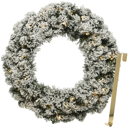 Kerstkrans 50 cm - groen met led - besneeuwd - met gouden hanger/ophanghaak