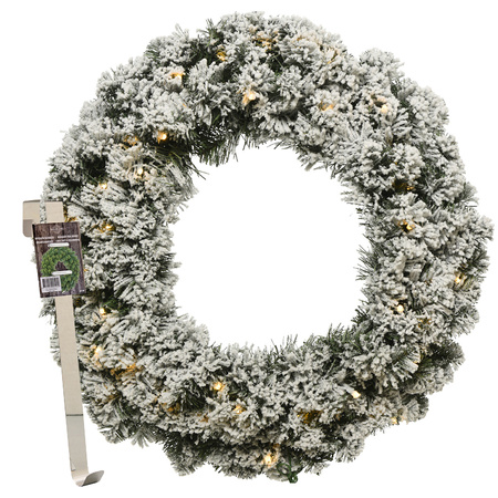 Kerstkrans 50 cm - groen met led - besneeuwd - met messing zilveren hanger/ophanghaak