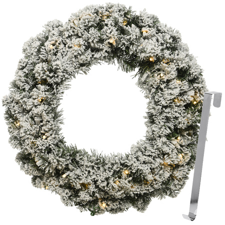 Kerstkrans 50 cm - groen met led - besneeuwd - met zilveren hanger/ophanghaak