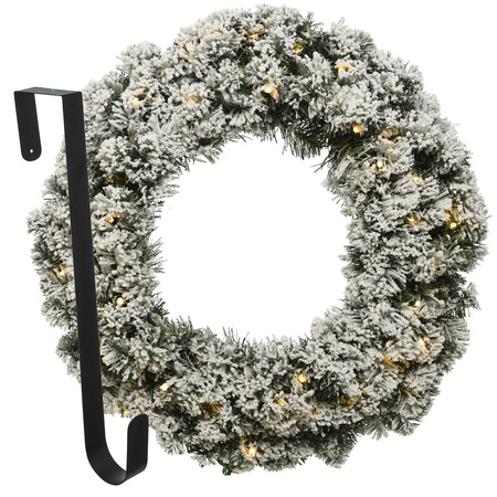 Kerstkrans 50 cm - groen met led - besneeuwd - met zwarte hanger/ophanghaak