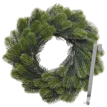 Kerstkrans 50 cm - groen - met zilveren hanger/ophanghaak - kerstversiering