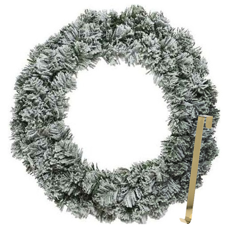 Kerstkrans 60 cm - groen - besneeuwd - met gouden hanger/ophanghaak - kerstversiering