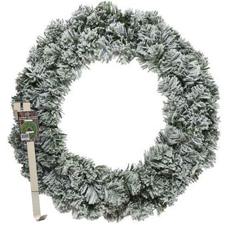 Kerstkrans 60 cm - groen - besneeuwd - met messing zilveren hanger/ophanghaak - kerstversiering