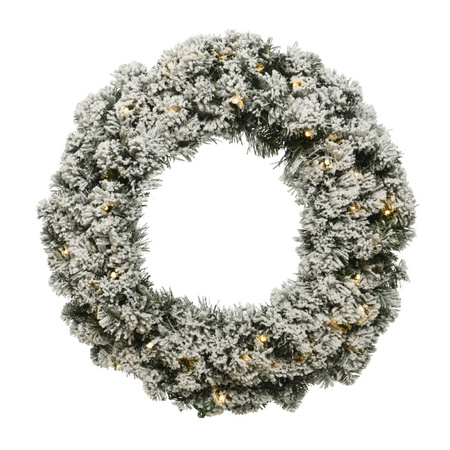 Kerstkrans/dennenkrans groen met sneeuw en warm witte verlichting met timer 35 cm