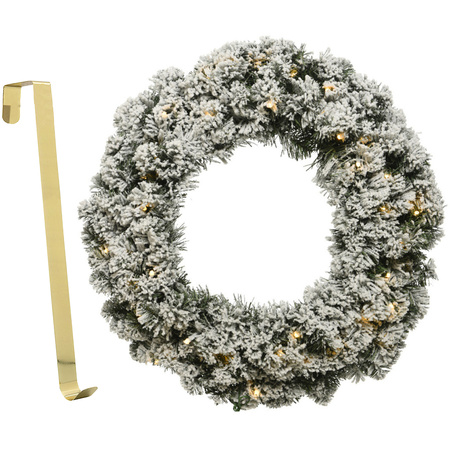 Christmas wreath green with snow and lights 35 cm plastic incl. door hanger