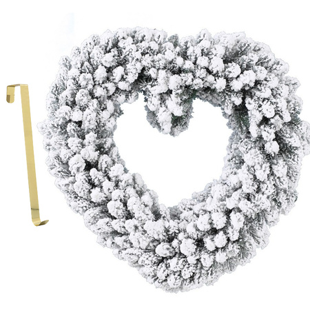 Christmas wreath heart shape with snow 50 cm plastic incl. door hanger