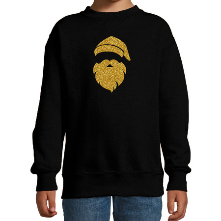 Kerstman hoofd Kerstsweater / Kersttrui zwart voor kinderen met gouden glitter bedrukking